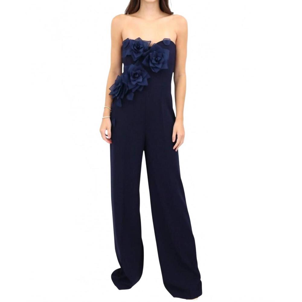 NEW LUCIAN MATIS floral spray strapless jumpsuit in navy